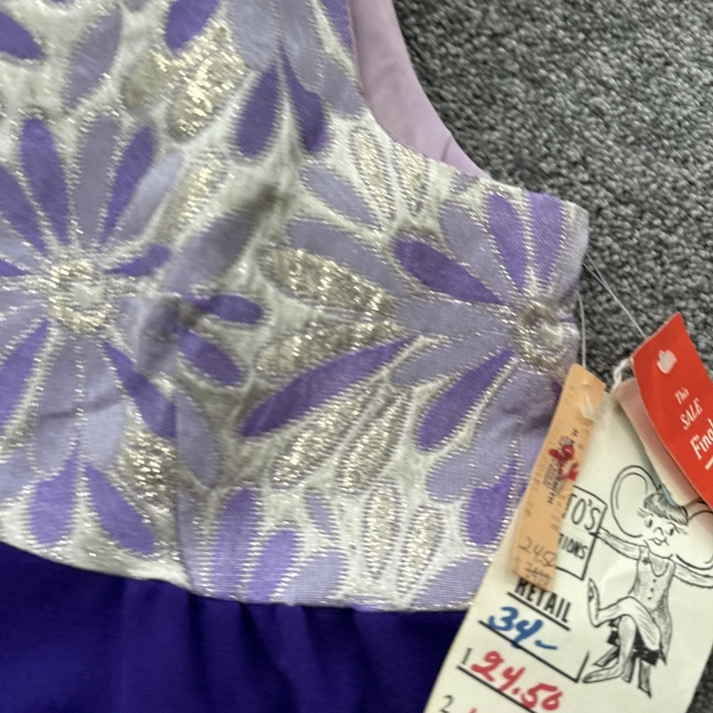 VTG Womens M 50s 60s Prom Rockabilly Dress Acetate Purple Floral Sheath Flare - Picture 7 of 13